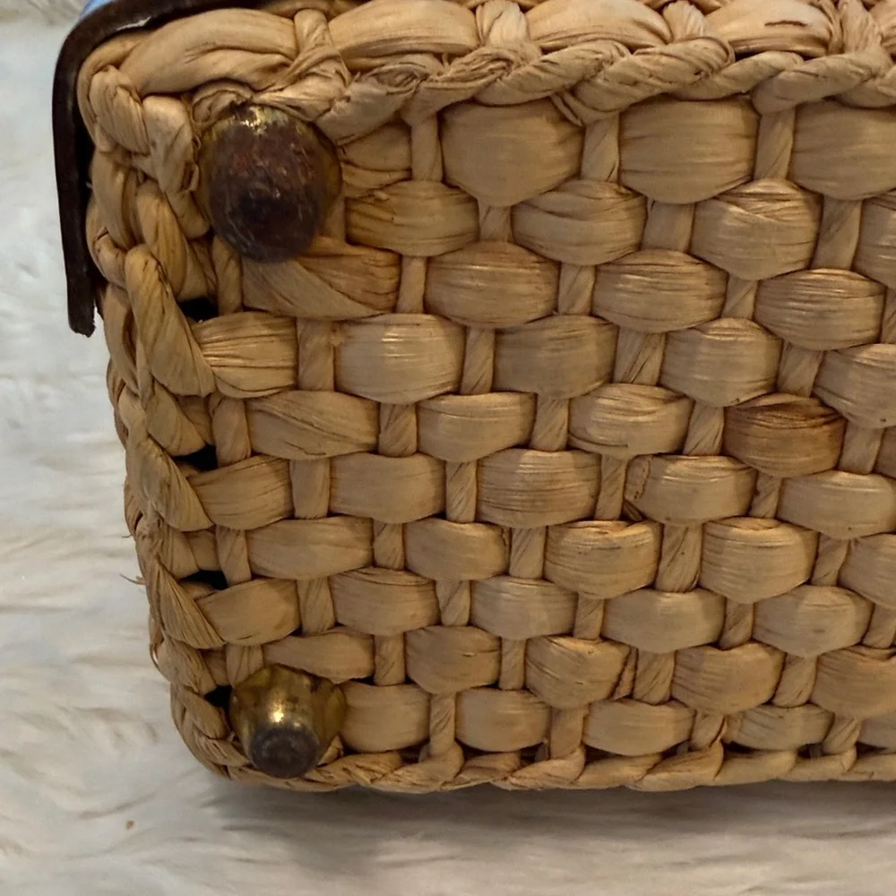 Vintage Straw Basket Handbag Leather Top Handle Metal Detail Cottagecor